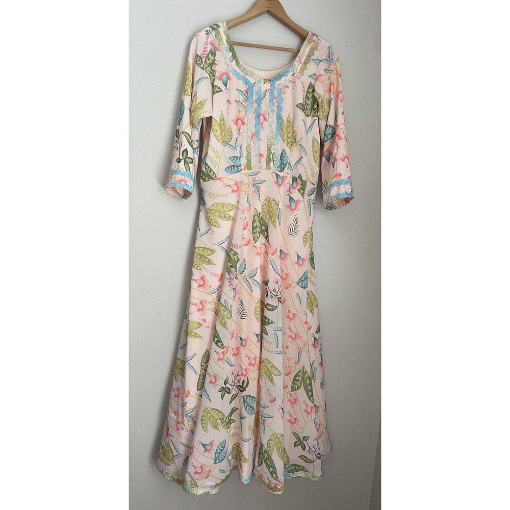 Vintage 60s 70s‎ Maxi Dress L Garden Wedding Peach Floral Retro Hand Made Sewn